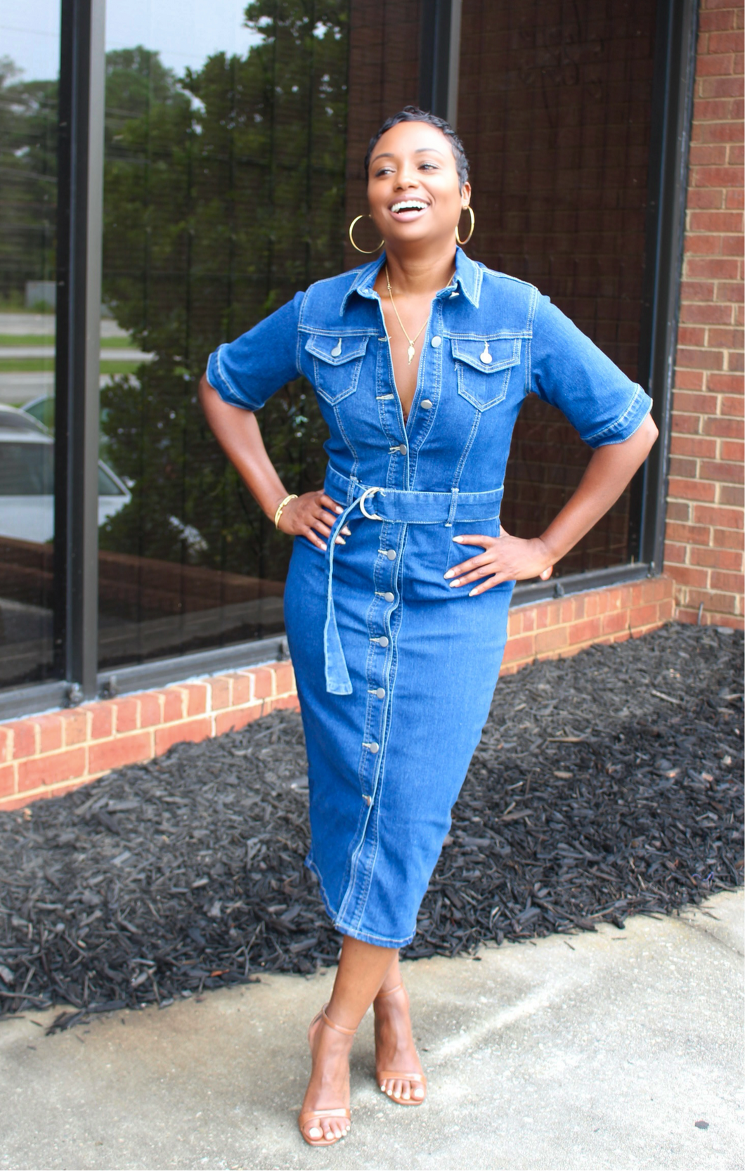 Stretched Belted Jean Dress Midi