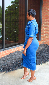 Stretched Belted Jean Dress Midi