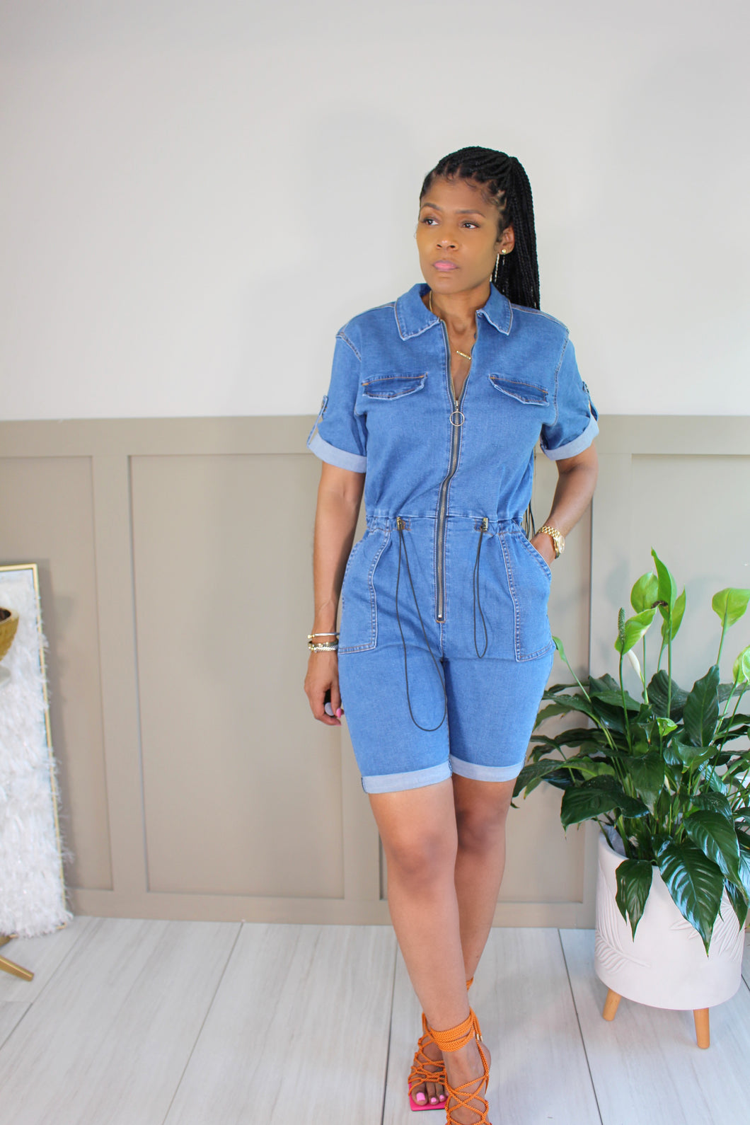 Stretch Drawstring Cargo Romper